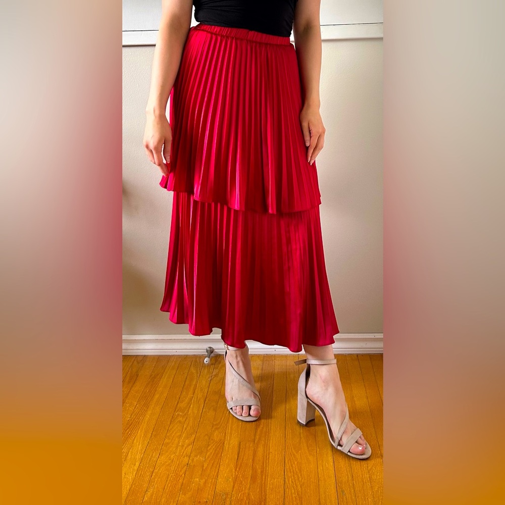 Lucy Paris Red Pleated Midi Skirt for Cocktail Events